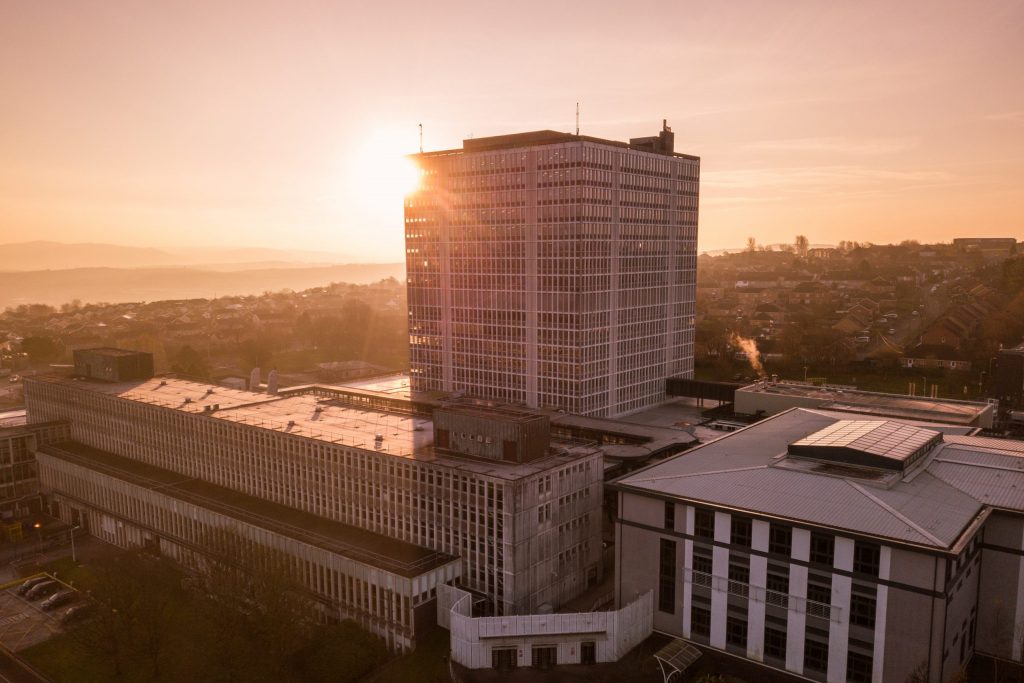 Sun setting on DVLA tower block.