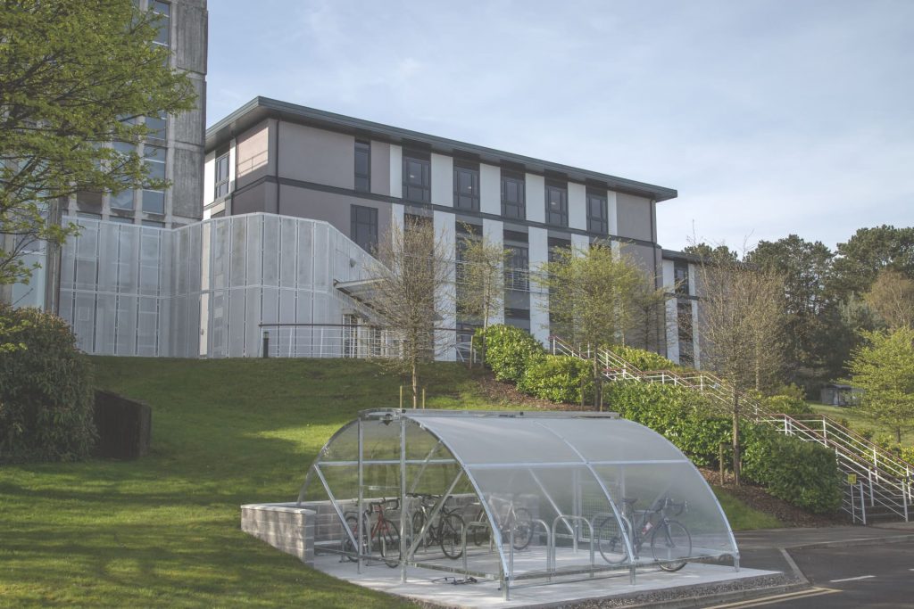 Back entrance of DVLA where staff bicycles are stored.