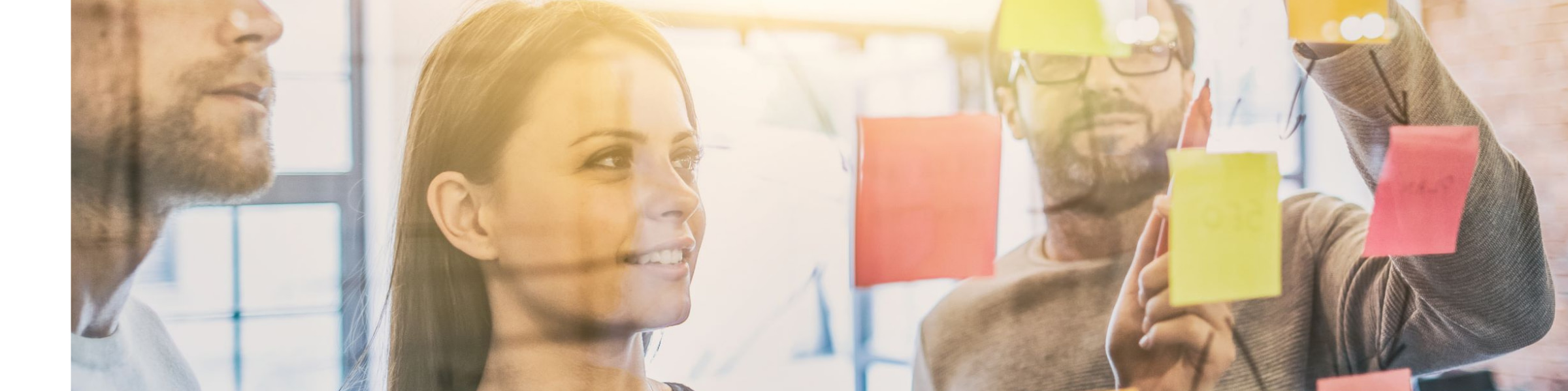 Young staff meeting at office and sharing ideas with post-its.