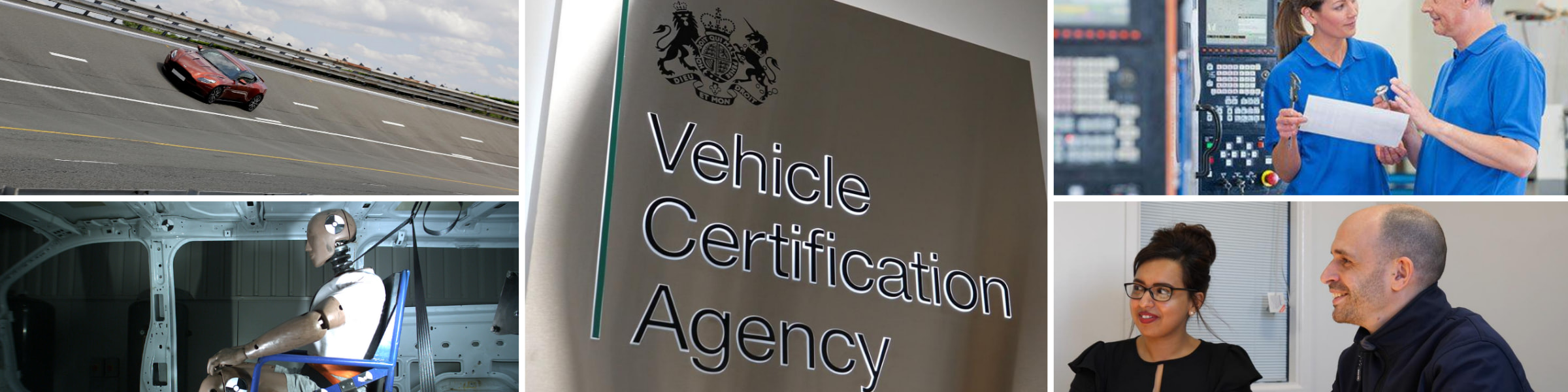 A car on the road, the VCA logo, a group of VCA staff, and vehicle-testing equipment.